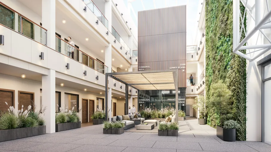 Central atrium at Aire Gardens, Leeds