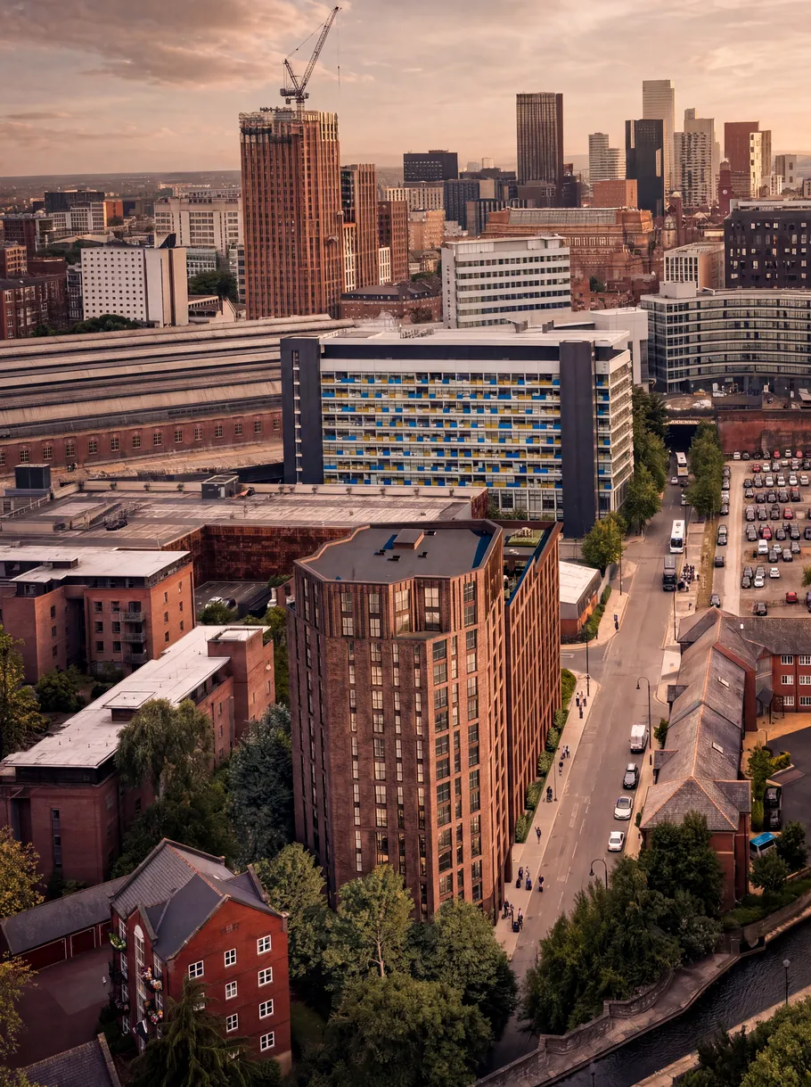 Aerial view of Piccadilly Wharf, Manchester (CGI)