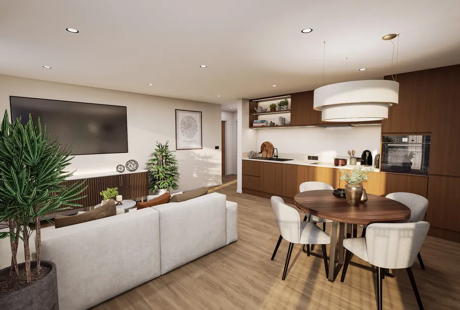 Open-plan kitchen and living area at Piccadilly Wharf (CGI)