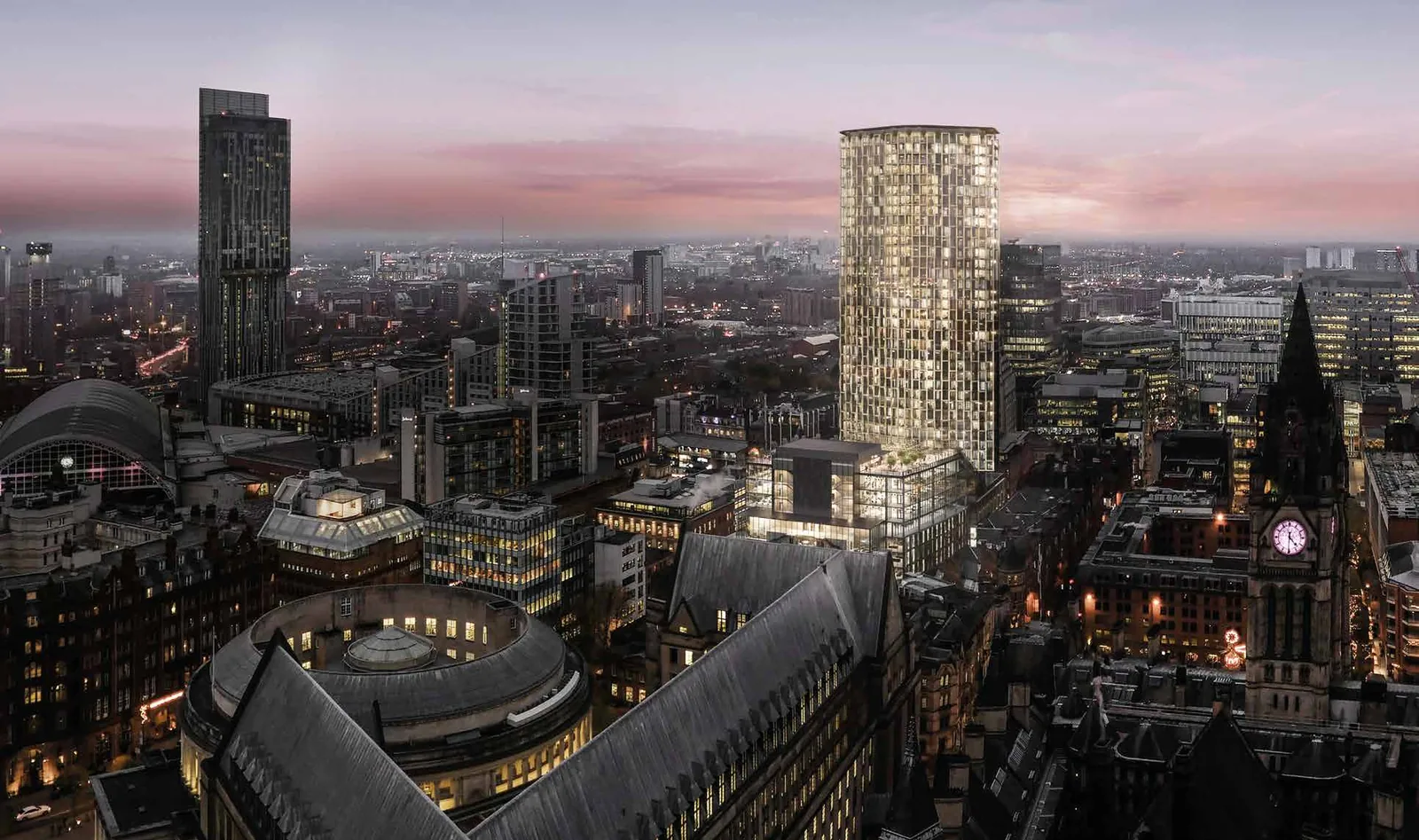 W Residences &mdash; part of the St Michael's development, rising above Manchester city centre (CGI)