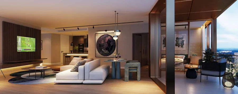 Living space at W Residences Manchester, with city skyline views (CGI)